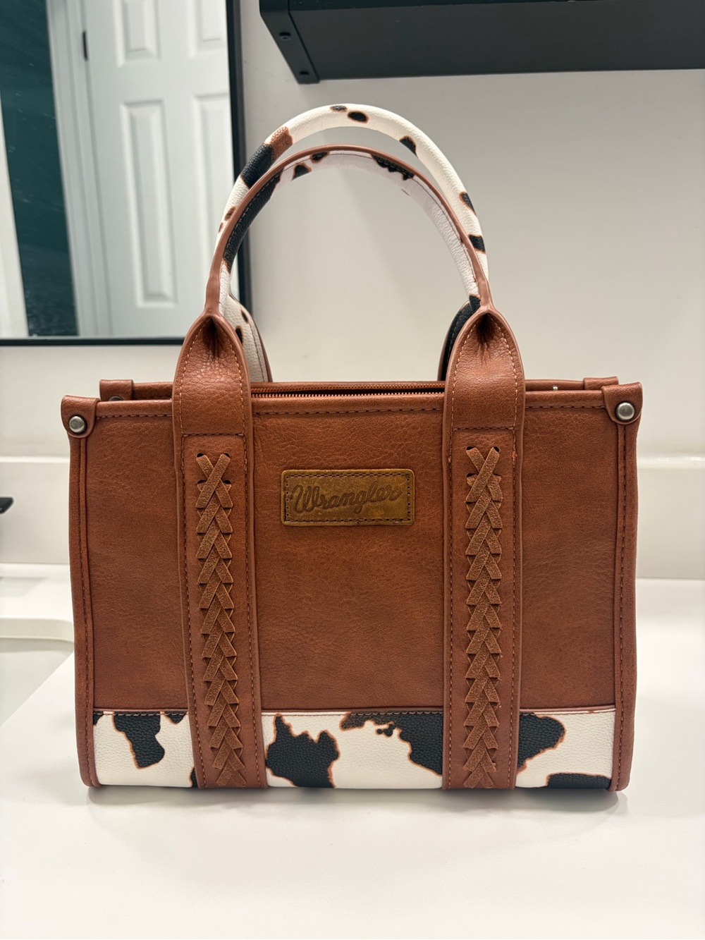 Wrangler Brown and White Cowprint Top-Handle Tote
